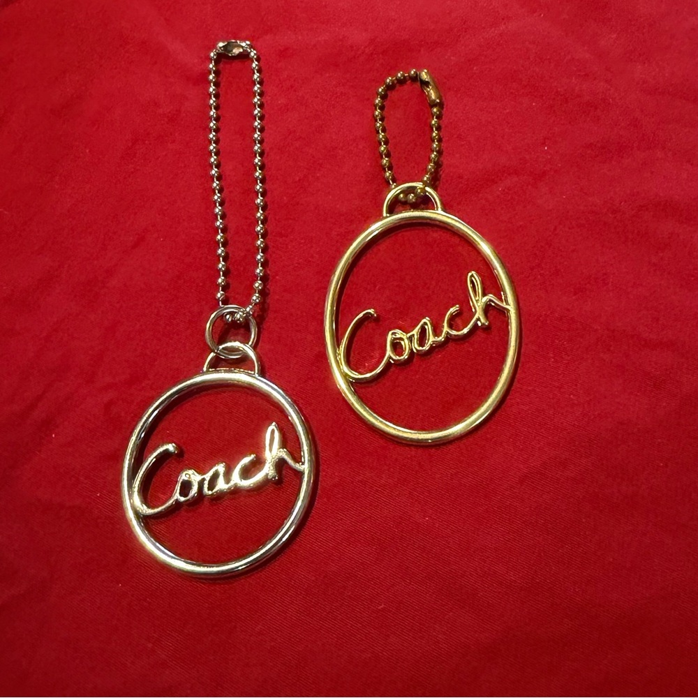 Two Vintage Metal Round Script Coach Hangtag Keychain Bag Charm
